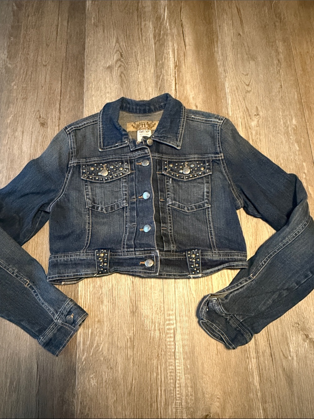 Hint Jeans studded and embellished blue denim cropped jacket